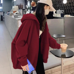 山东即墨卫衣安可拉红卫衣开衫外套女秋冬新宽松连帽拉大衣