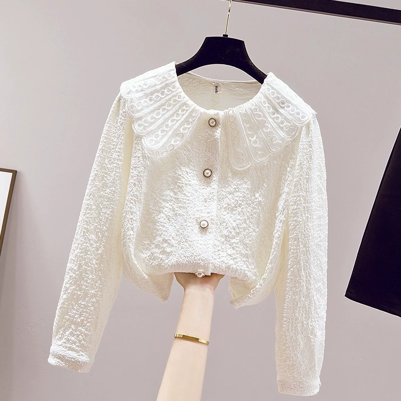 Женская рубашка с кружевным низом в твидовом стиле, осенняя внутренняя одежда, новый стиль 2025 года, шифоновая рубашка с кукольным воротником, модный топ