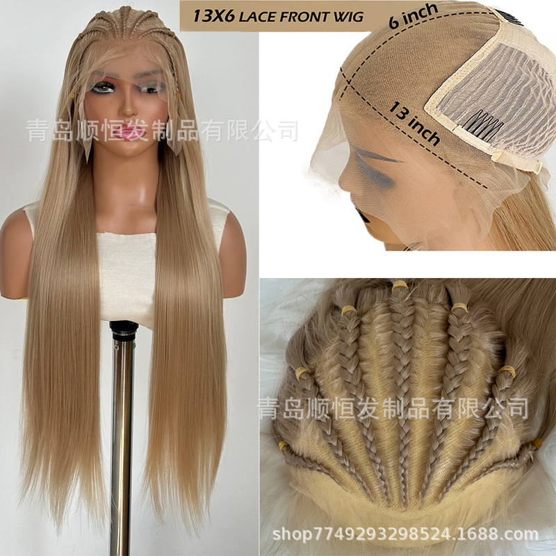 European and American Wigs African Braids 13*6 Front Lace Braided Wigs Sand Gold Natural Hairline Qingdao Factory Wholesale