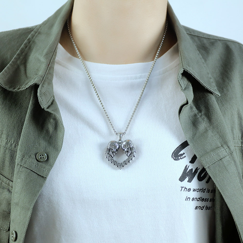 Collana con teschio e cuore in acciaio inossidabile punk_voghion.com