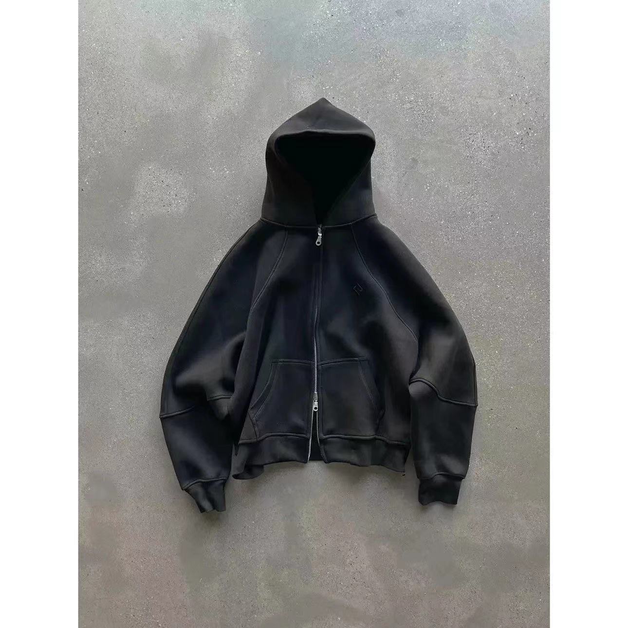 Unisex Loose Hooded Sweatshirt Jacket Solid Colour Autumn Winter_voghion.com