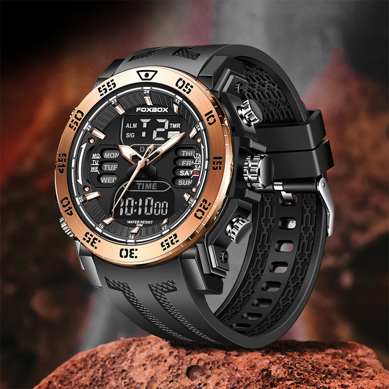 FB0021 cinta de los hombres de cuarzo electrónico de doble pantalla reloj luminoso multifuncional impermeable reloj despertador