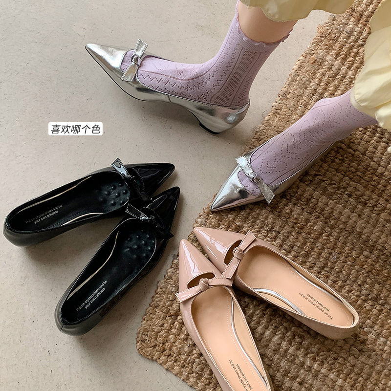 Gentle temperament ~! Nude High Heels Pointed Bow French Mary Jane Shoes Middle Heel Inner Height Single Shoes Women ~