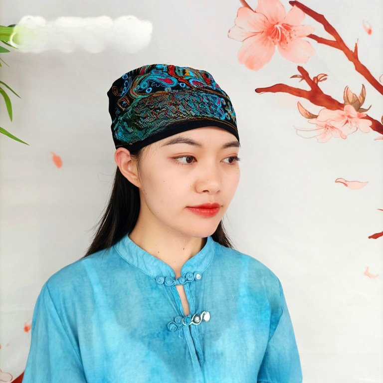 Chapeau haut de forme vide en toile brodée de style ethnique pour femmes, foulard élastique réglable pour voyage et photo_voghion.com