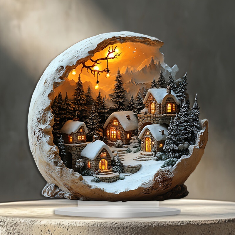2D Flat Acrylic Christmas Snow Scene Desktop Ornament 2D Flat Snow House Decoration Christmas Desktop Decor
