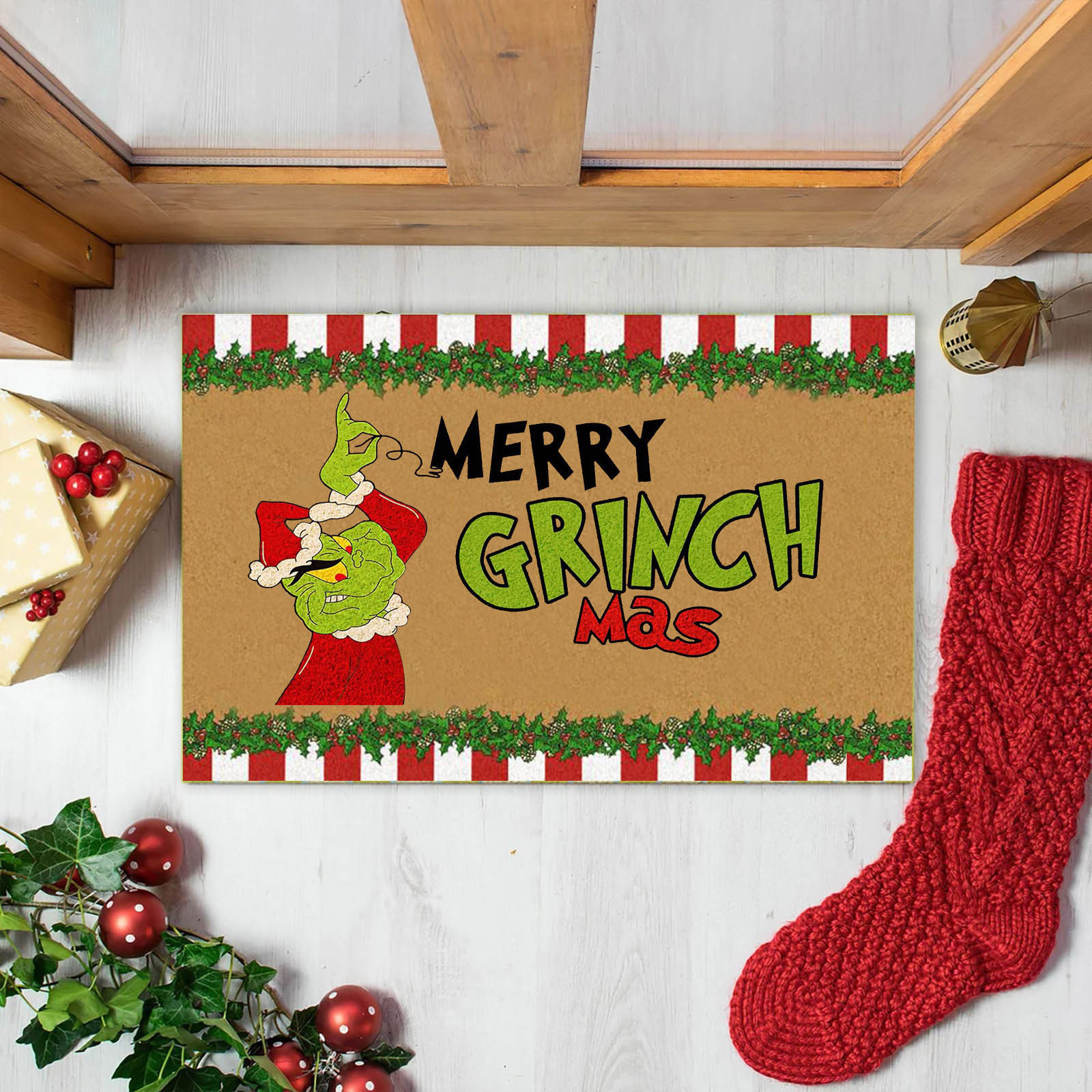 En stock Grinch alfombra del piso transfronterizo alfombra de Navidad alfombra de puerta de vacaciones verde payaso alfombra del piso