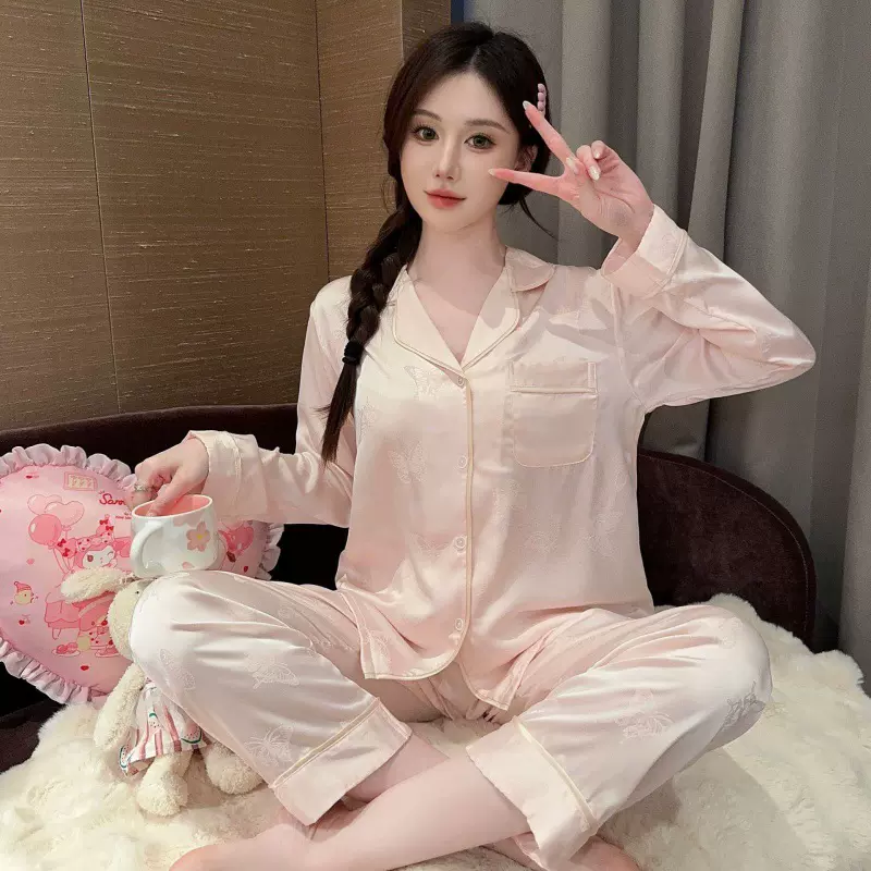 春秋新款冰丝睡衣女长袖蝴蝶提花夏季薄款高级感家居服套装可外穿