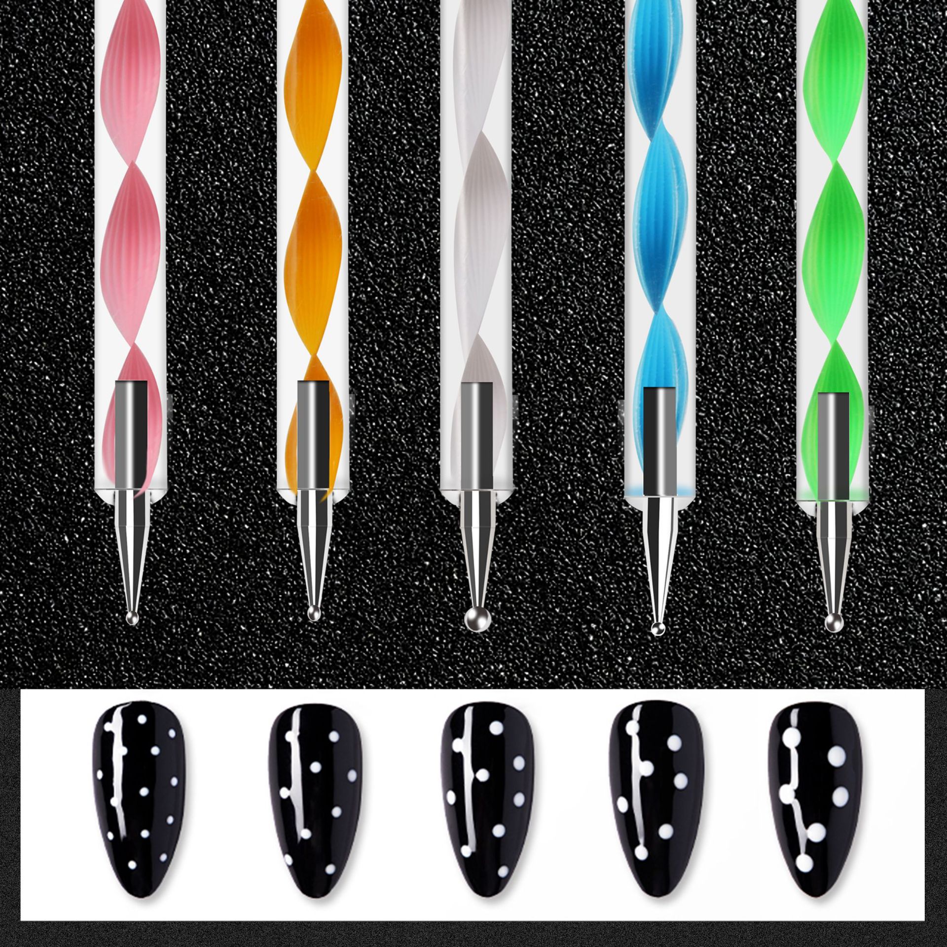Clásico 5-pieza pluma de uñas de doble cabeza espiral varilla punto taladro pluma durable gancho flor punto pluma conjunto