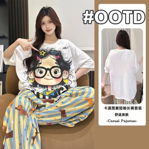 Korean-style cute cartoon print short-sleeved women's pajama set with loose casual pants, home wear set, wearable outside