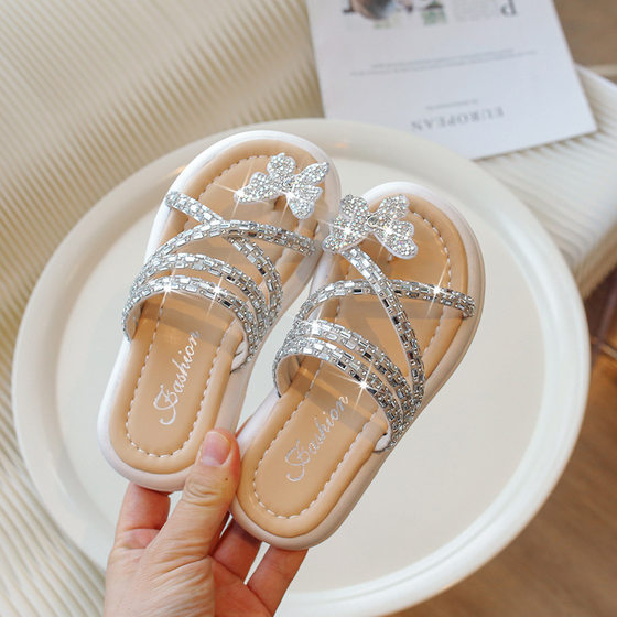 Rhinestone Bow Slippers Girls' 2024 Summer New Style Elegant Princess Style Girls' All-match Set Toe Sandals