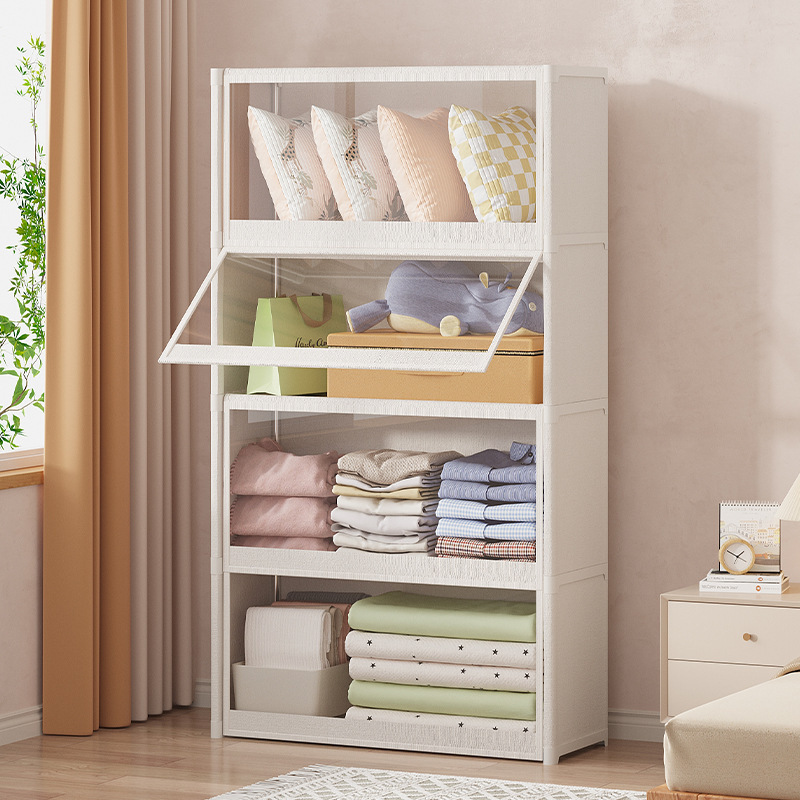Wardrobe with Flip-Top Transparent Dust-Proof Clothing Storage Cabinet for Rental Rooms, Bedroom Dormitory Multi-Layer Folding Wardrobe Function