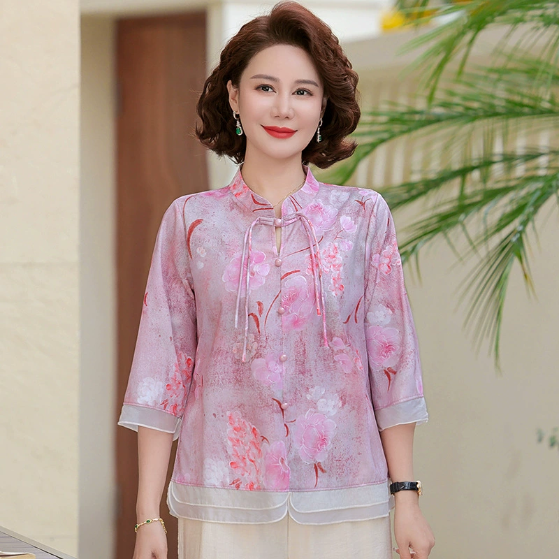 Мама 2025 новый шифоновая рубашка Новый китайский женский средний рукав топ среднего возраста леди весна лето национальный стиль рубашка