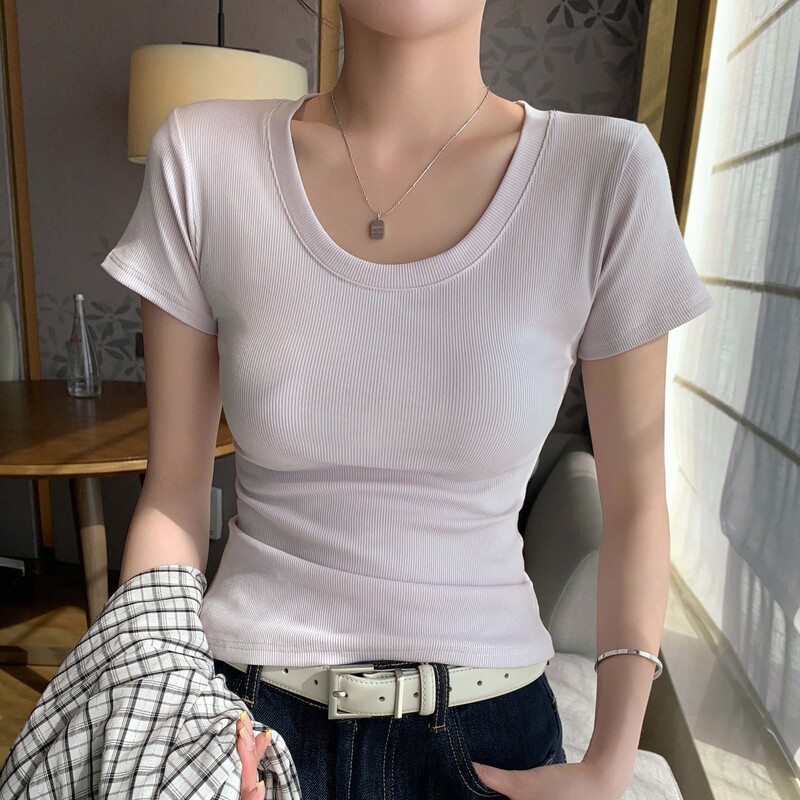 K3326 Carefully Selected Women's Summer New Fashion Ribbed Slim-Fit Versatile Short-Sleeve Cotton T-Shirt with U-Neck and Regular Shoulders