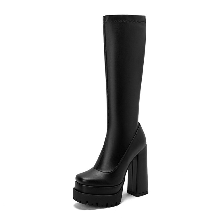 【Pré-venda | Entrega em 15 dias】Botas de salto alto com elástico alto e zíper lateral, plataforma alta, para mulheres, tamanho grande, botas da moda com perna alta_voghion.com