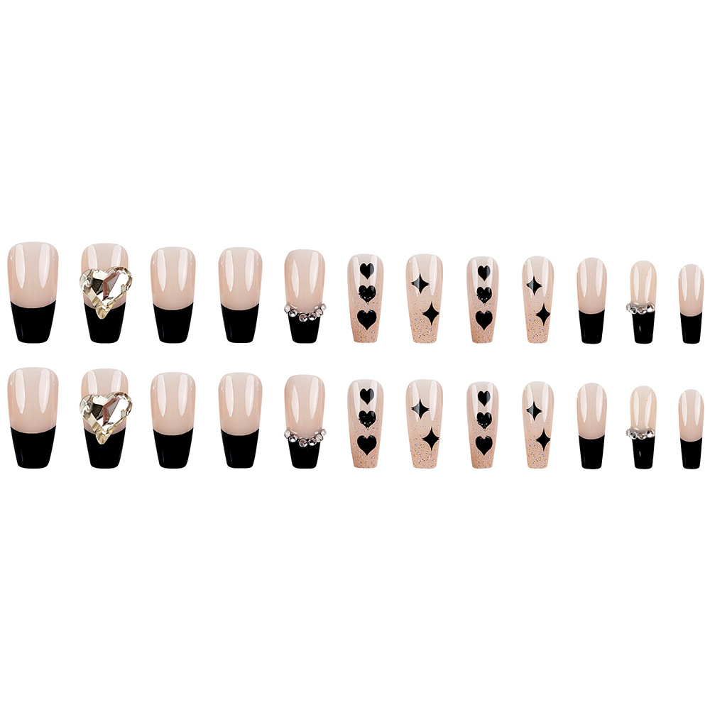 Moda con diamantes para usar uñas de ballet dulce y misterioso amor negro francés 24 piezas de parche de uñas