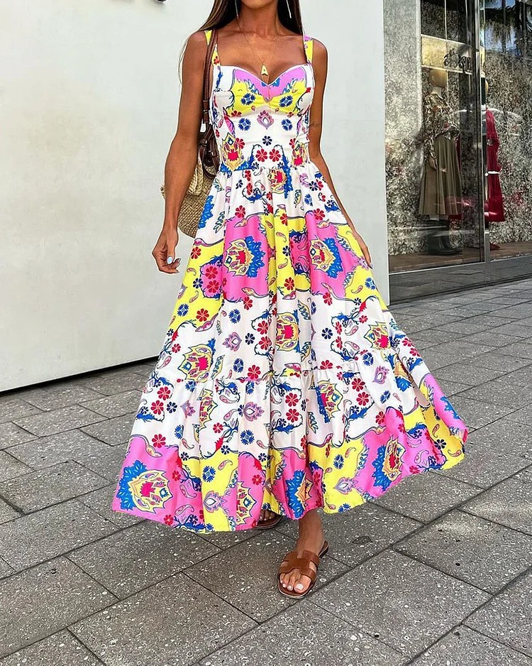 Women's Strap Dress Vacation Sexy V Neck Printing Sleeveless Printing Maxi Long Dress Holiday Beach display picture 4