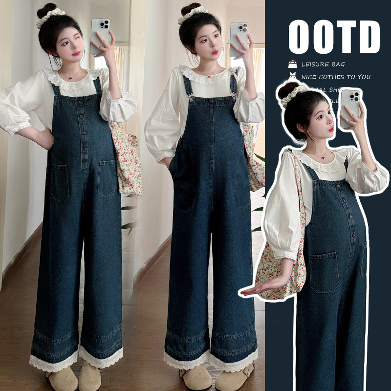 Maternity Denim Overalls Set Spring and Autumn Trendy Mom Fashion Korean Version Reversible Loose Wide-Leg Pants Two-Piece Set