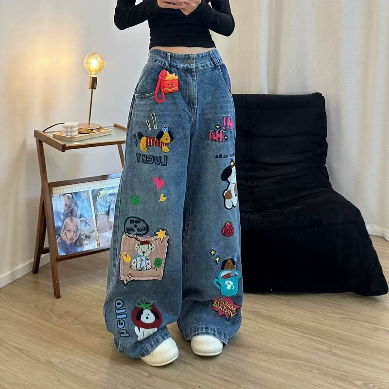 American-style spicy girl dog patch embroidered jeans for women, 2026 winter new cartoon playful loose wide-leg pants