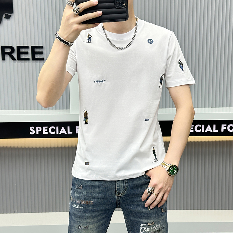 Summer Embroidered Short-sleeved Men's T-shirt American Trendy Brand 2024 New Slim-fit Crew Neck Youth Fashion Short-sleeved Bottoming Shirt_viptrois.com