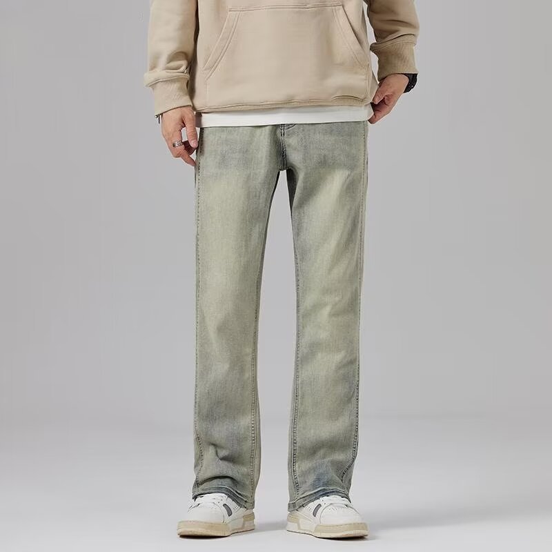 Vaqueros teñidos de barro amarillo de marca de moda retro para hombres lavados y viejos pantalones micro-lat de calle alta americana 2024