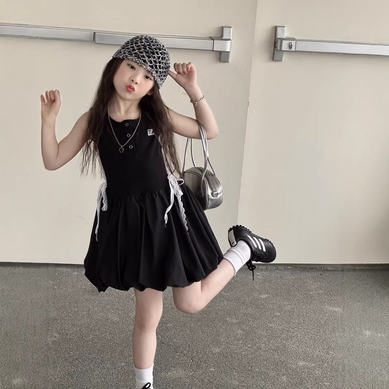 Princess Yuyu Girls' Black Patchwork Sleeveless Dress Children's Waist-Cinched Sporty Style Floral Lantern Vest Dress Princess Yuyu Girls' Black Patchwork Sleeveless Dress Children's Waist-Cinched Sporty Style Floral Lantern Vest Dress
