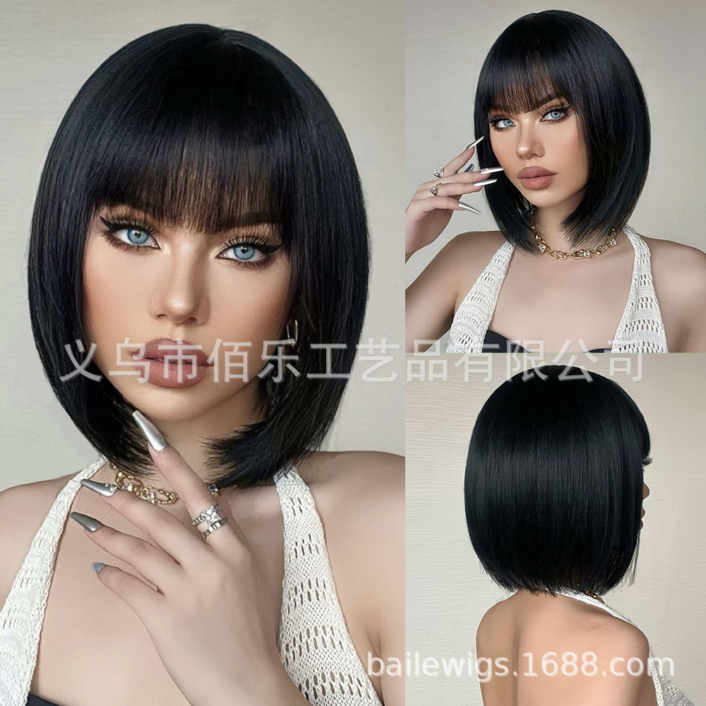 Peluca transfronteriza Qi flequillo cabeza de onda negra bobo pelo corto natural diario filamento químico fabricante spot wigs image 14