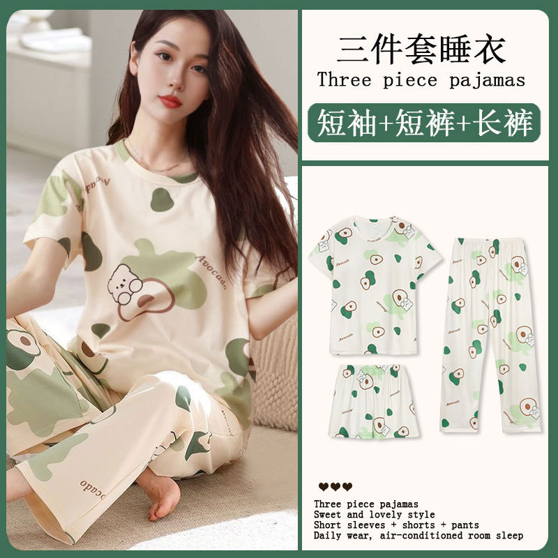 Cartoon Three-Piece Pajamas Women's Short-Sleeved Pants Girls Dormitory Home Clothes Casual Sports Spring & Fall Thin Suit