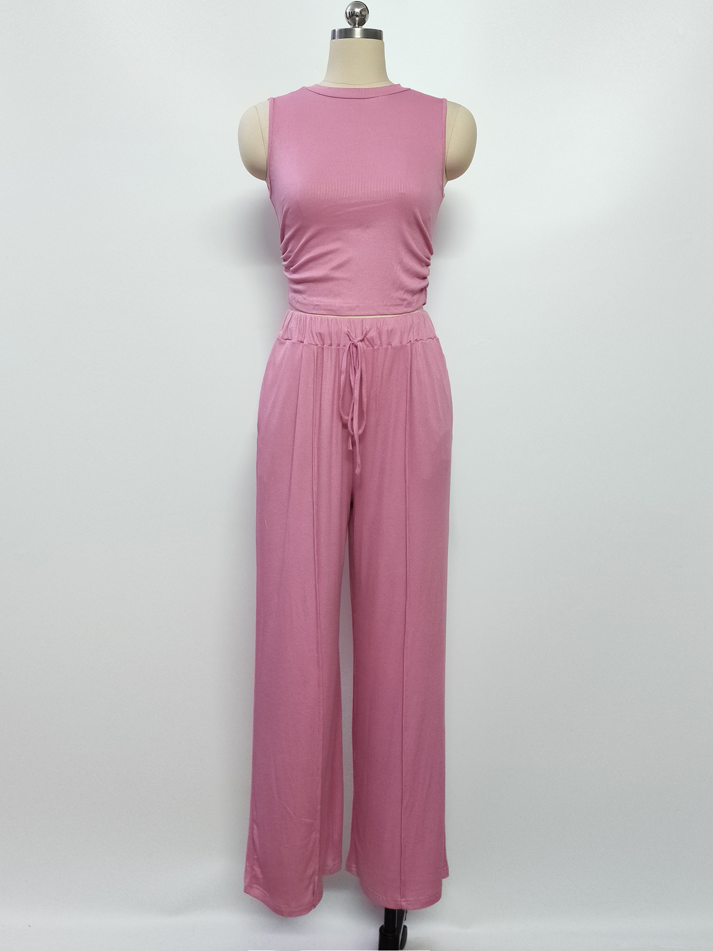 Women's Clothing Summer Leisure Suit Sleeveless Round Neck Short Slim Fit Top Wide Leg Pants Two Piece Suit_ecoleips.com