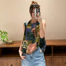 26夏季新款时尚设计感猫咪花拼图真丝香云纱上衣113