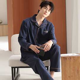 【L-4XL】春秋莫代尔男士长袖长裤开衫翻领睡衣印花休闲男家居服