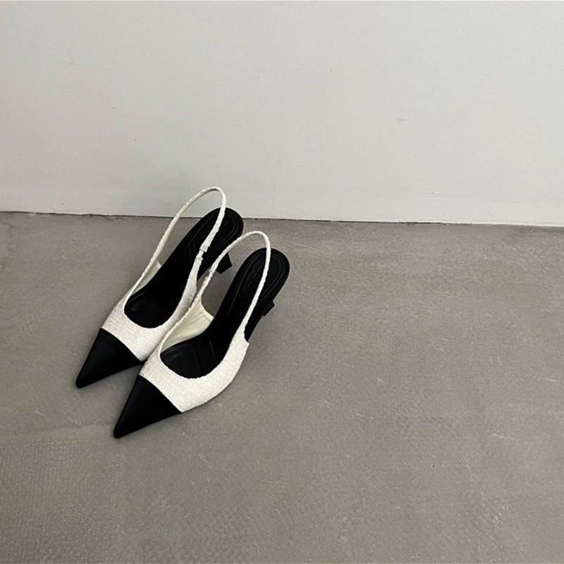 Slingback Pointed-Toe Heels, Women's Summer High Heels, Pointy Toe Sling, Black/White