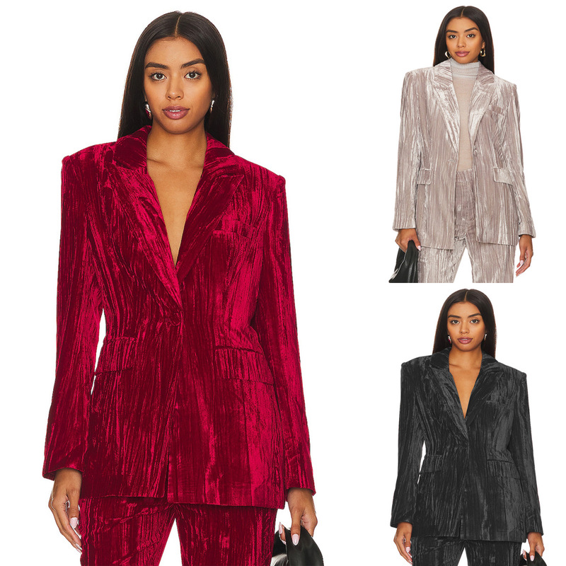 New Cross-Border Style Crinkled Velvet Women's Suit 2026, Popular on Independent Platforms, European and American Style Single-Button Blazer Jacket