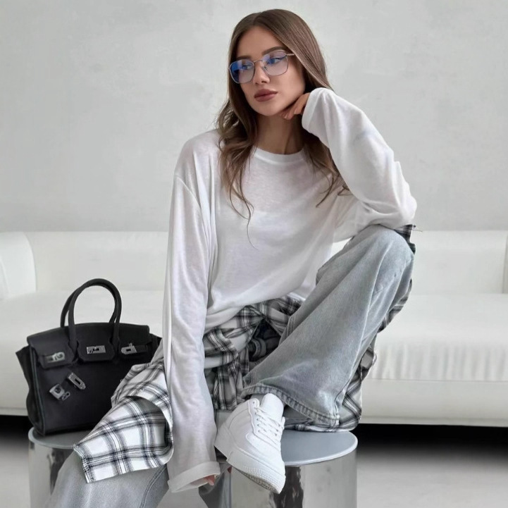 Shein Popular Cross-Border European and American Fashion Design Tops Casual See-Through Long-Sleeve Loose T-Shirt Sun Protection Base Shirt