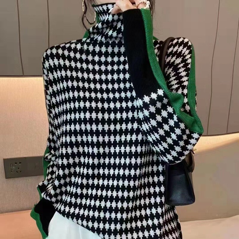 European Retro Plaid Jacquard Turtleneck Sweater for Women, Autumn and Winter Lazy Style Pullover, Color-Blocking, Slim-Fit, Inner Layer Knitwear European Retro Plaid Jacquard Turtleneck Sweater for Women, Autumn and Winter Lazy Style Pullover, Color-Blocking, Slim-Fit, Inner Layer Knitwear
