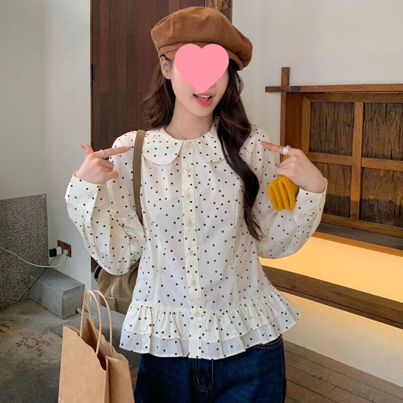 Polka Dot Shirt for Women, Japanese Style Doll Collar Design, Ruffled Layered Shirt, Sweet and Slimming Top for Petite Figures