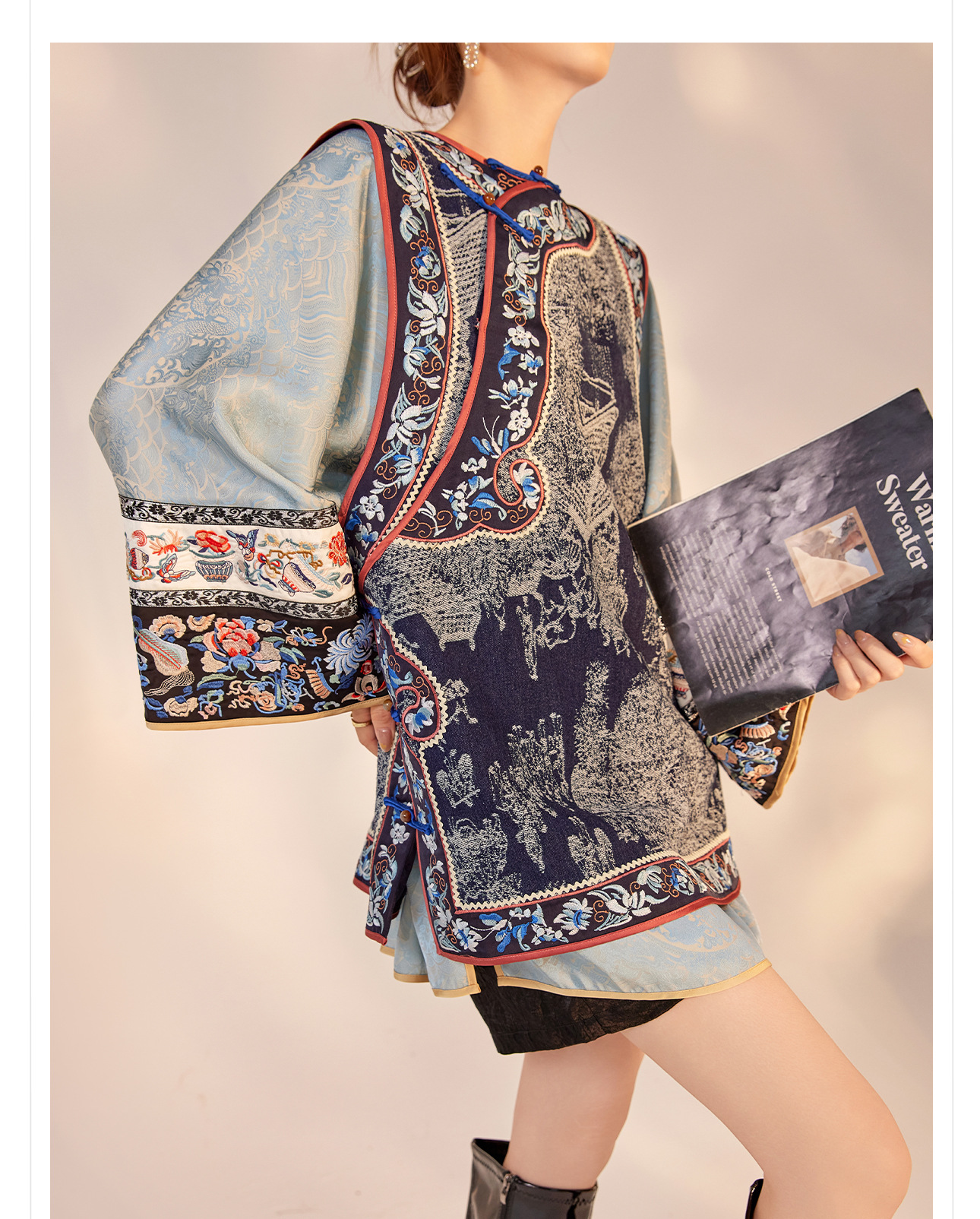 Áo khoác blazer nữ kiểu Trung Quốc cao cấp chất lụa jacquard tay dài mùa thu — Màu xanh lam nhạt chi tiết 9