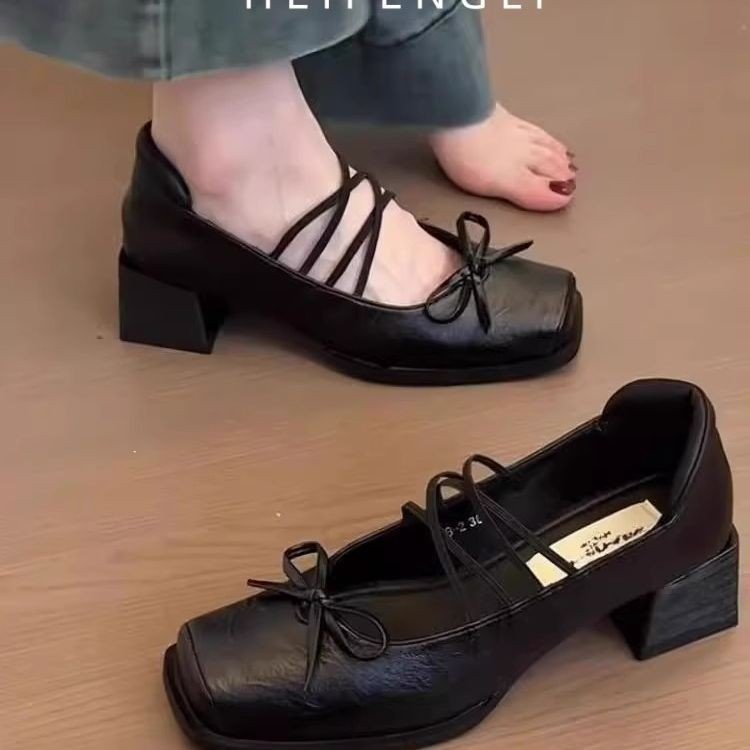 法式复古玛丽珍鞋女2025秋季新款粗跟方头蝴蝶结小皮鞋一字带单鞋|undefined