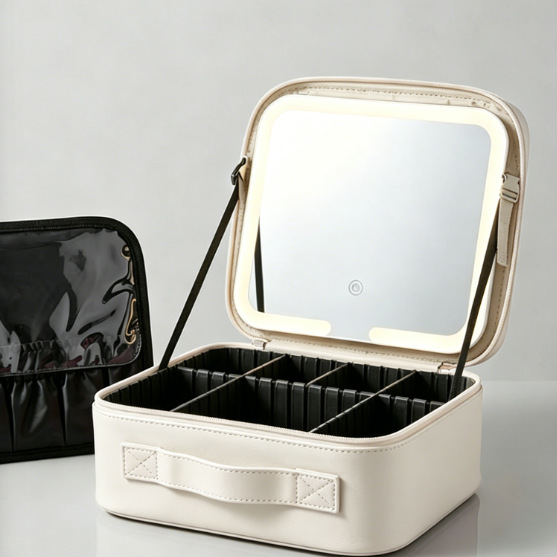 Bolsa de maquillaje de alta calidad con espejo con LED, partición desmontable, bolsa de maquillaje portátil impermeable de almacenamiento de gran capacidad