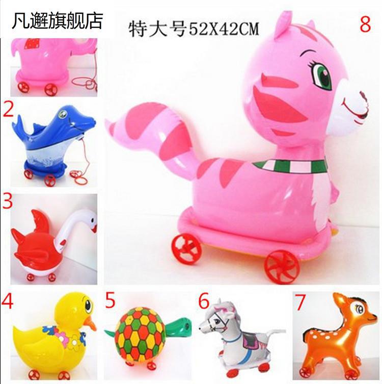 兒童拉繩氣球玩具帶輪子軲轆的卡通拉線充氣載物動物小拉車擺地攤