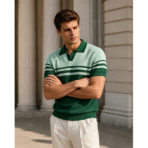Retro style men's contrasting color stripe stitching knitted short-sleeved POLO shirt comfortable breathable summer men's Polo shirt trend
