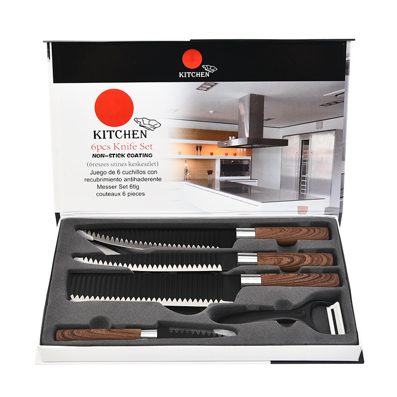 En stock suministro de pintura en aerosol cuchillo cilindro mango de ángulo recto patrón de onda de seis piezas traje de cuchillos de acero inoxidable traje de negocios regalos