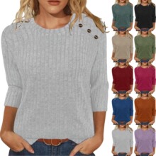 2025跨境欧美女装女式长袖圆领T恤坑条磨毛纽扣气质上衣文艺复古