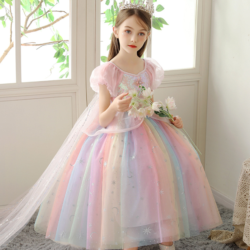 2025 New Summer Elsa Princess Dress Pink Colorful Short-Sleeved Children's Dress Tutu Dress Stylish Fairy Style High-End
