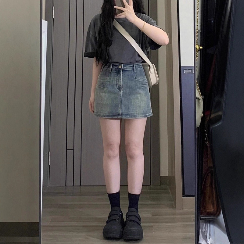 Retro Denim Short Skirt for Women with High Waist in Summer, Plus Size Fat mm to Cover Belly and Slim Pear-Shaped Figure A-Line Skirt