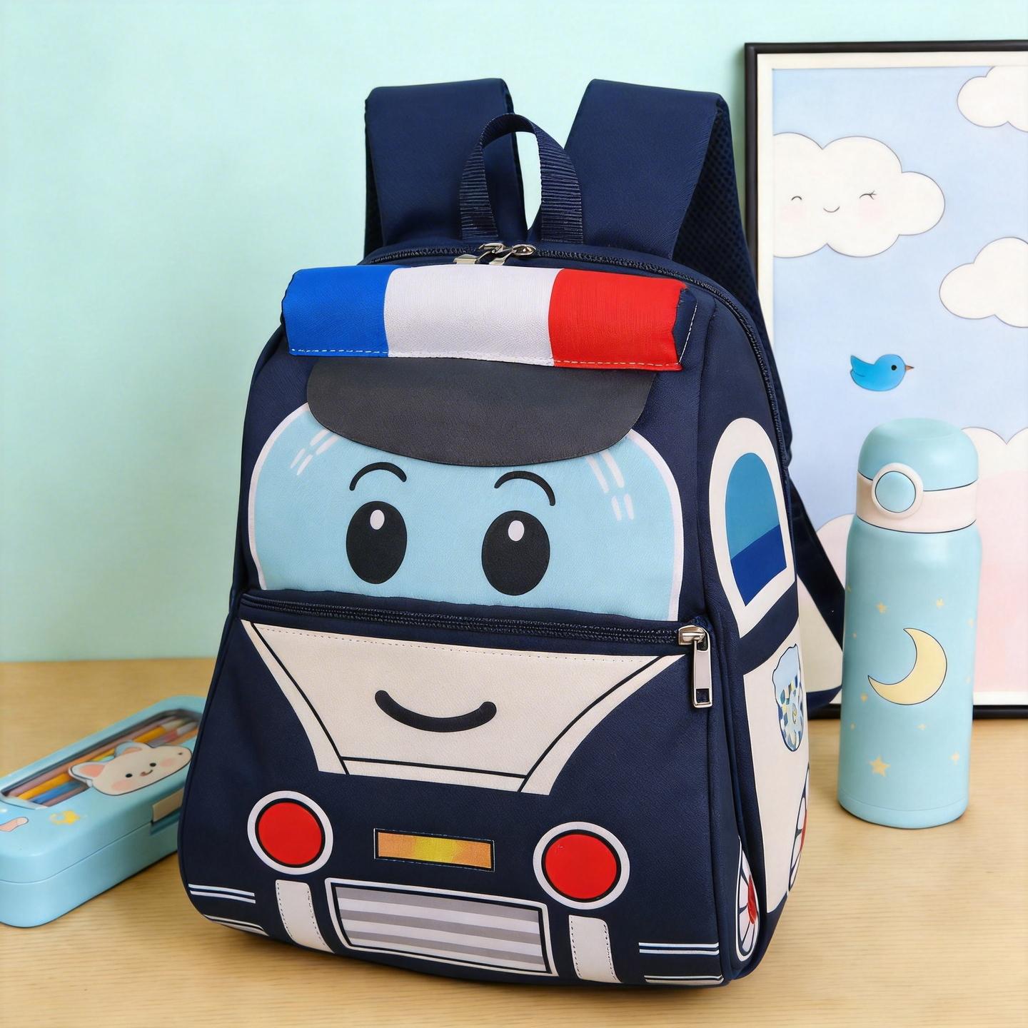 Fashionable Cartoon Police Car Pattern Backpack for Toddlers, Kindergarten, Elementary School Boys and Girls, Trendy School Backpack