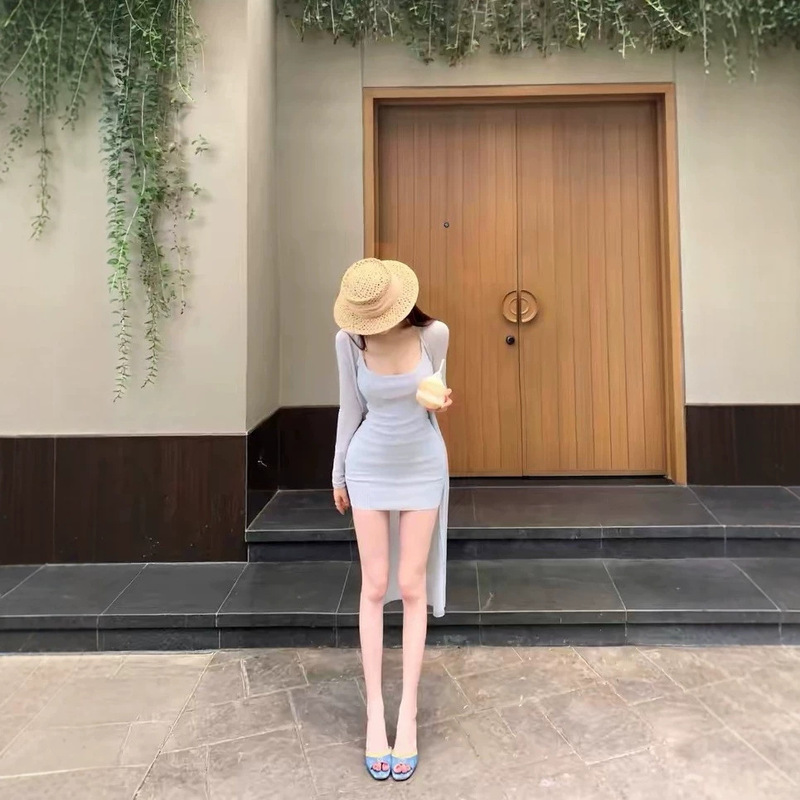 Cherr Qiaoer [Lazy Style] Suit for Women Summer Gray Suspender Dress Sun Protection Knitted Cardigan Two-Piece Set