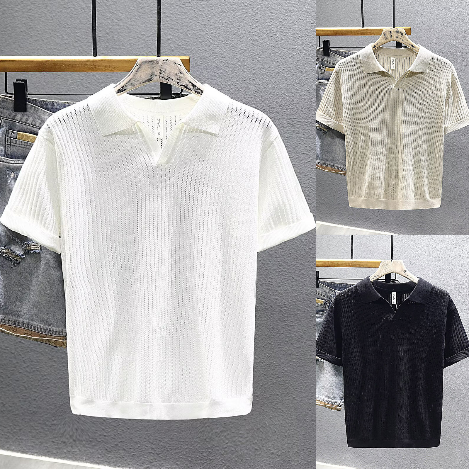 Camisas de polo de manga corta de estilo antiguo, camisetas de punto de cuello en V de hombre, camisetas de textura hueca de gaviota, fábrica de verano al por mayor.