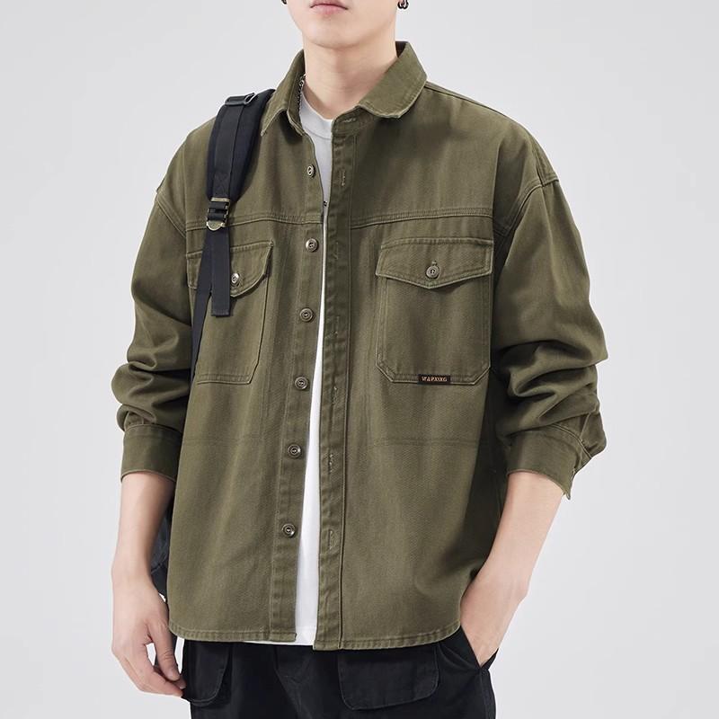 Army Green Work Shirt Men's Pure Cotton 2025 Spring New American Retro Trendy Simple Spring Jacket Men