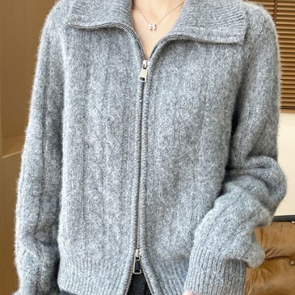 Lapel Autumn and Winter Zipper Twisted Cashmere Sweater Women's Double Wool Cardigan Simple Top Jacket Thickeneded Knitwear