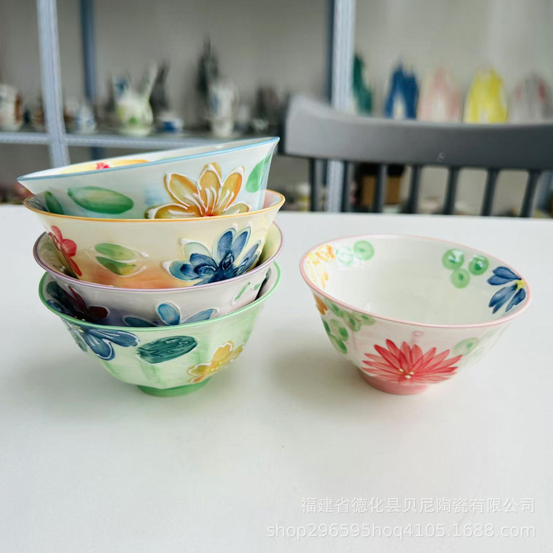 Japanese-Style High-Temperature Underglaze Hand-Painted Ceramic Three-Dimensional Flower Multi-Sided Ceramic Rice Tea Bowl Rice Bowl Salad Bowl Large Tea Bowl Japanese-Style High-Temperature Underglaze Hand-Painted Ceramic Three-Dimensional Flower Multi-Sided Ceramic Rice Tea Bowl Rice Bowl Salad Bowl Large Tea Bowl